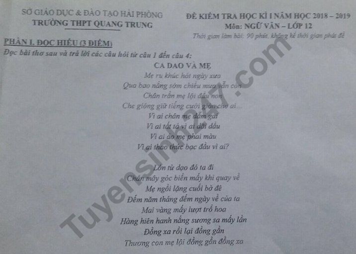 De thi ki 1 lop 1 lop 12 mon Van 2018 - THPT Quang Trung