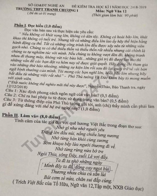 De thi ki 1 lop 12 mon Van 2018 - THPT Thanh Chuong 1