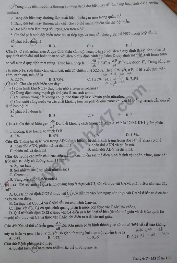 De thi thu THPTQG mon Sinh Chuyen Thai Binh 2019 lan 2