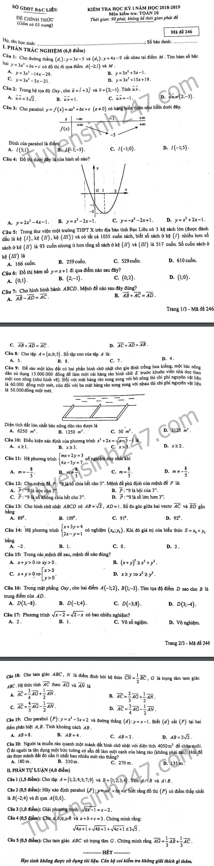 De thi ki 1 lop 10 mon Toan So GD Bac Lieu 2018