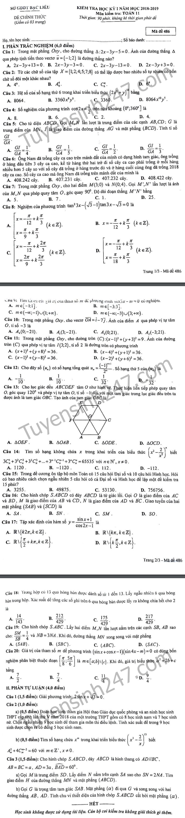 De thi ki 1 lop 11 mon Toan So GD Bac Lieu 2018