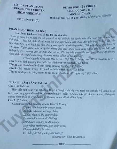 De thi ki 1 lop 11 mon Van Chuyen Thoai Ngoc Hau 2018