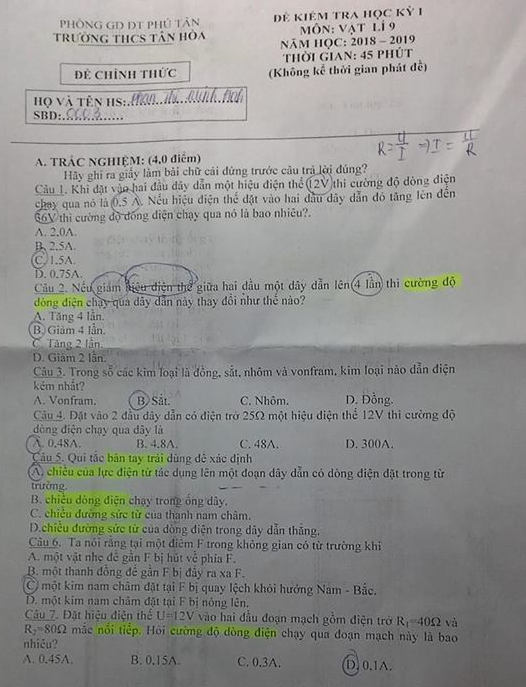 De thi ki 1 lop 9 mon Ly THCS Tan Hoa 2018