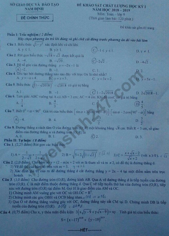 De thi ki 1 lop 9 mon Toan So GD Nam Dinh 2018