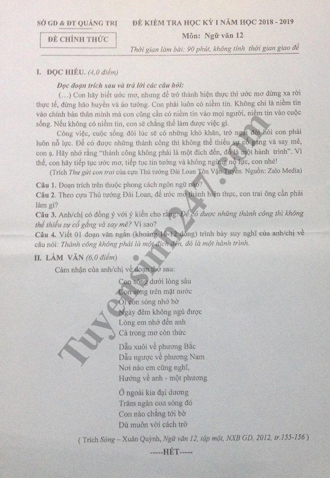 De thi hoc ky 1 lop 12 mon Van - So GD&DT Quang Tri nam 2018