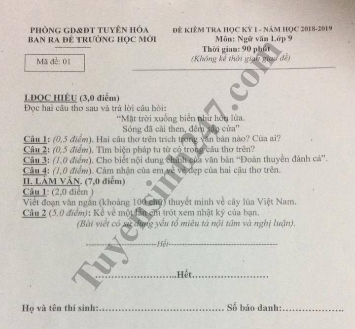 De thi hoc ky 1 lop 9 mon Van - Phong GD Tuyen Hoa nam 2018