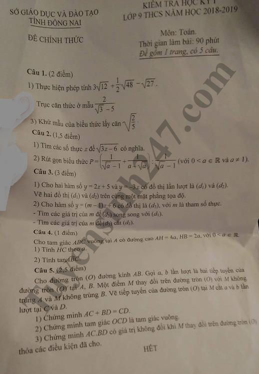 De thi hoc ky 1 lop 9 mon Toan - So GD Dong Nai nam 2018