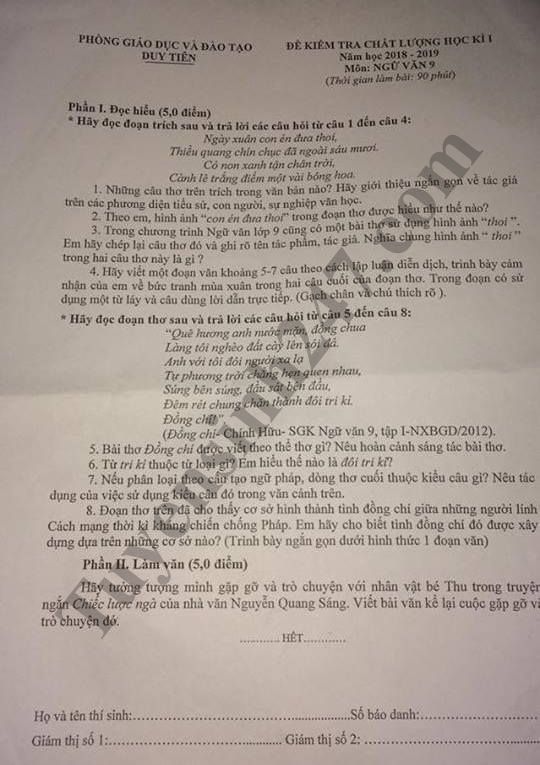 De thi hoc ky 1 lop 9 mon Van - Phong GD Duy Tien nam 2018