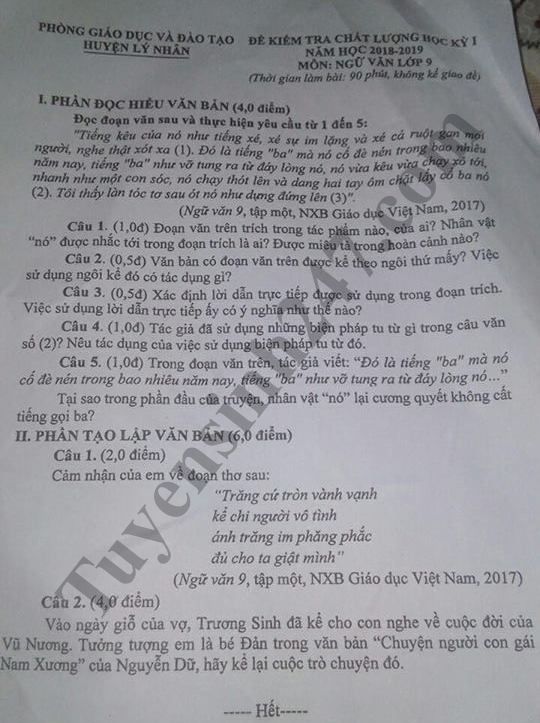 De thi hoc ky 1 lop 9 mon Van - Phong GD Huyen Ly Nhan nam 2018