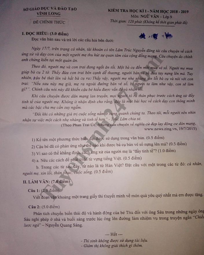 De thi hoc ky 1 lop 9 mon Van - So GD Vinh Long nam 2018