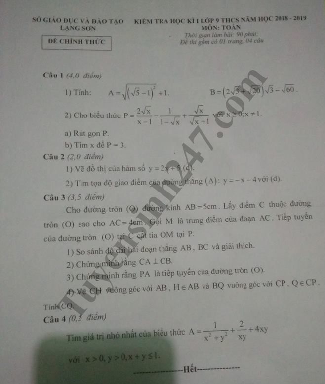 De thi hoc ky 1 lop 9 mon Toan - So GD Lang Son nam 2018