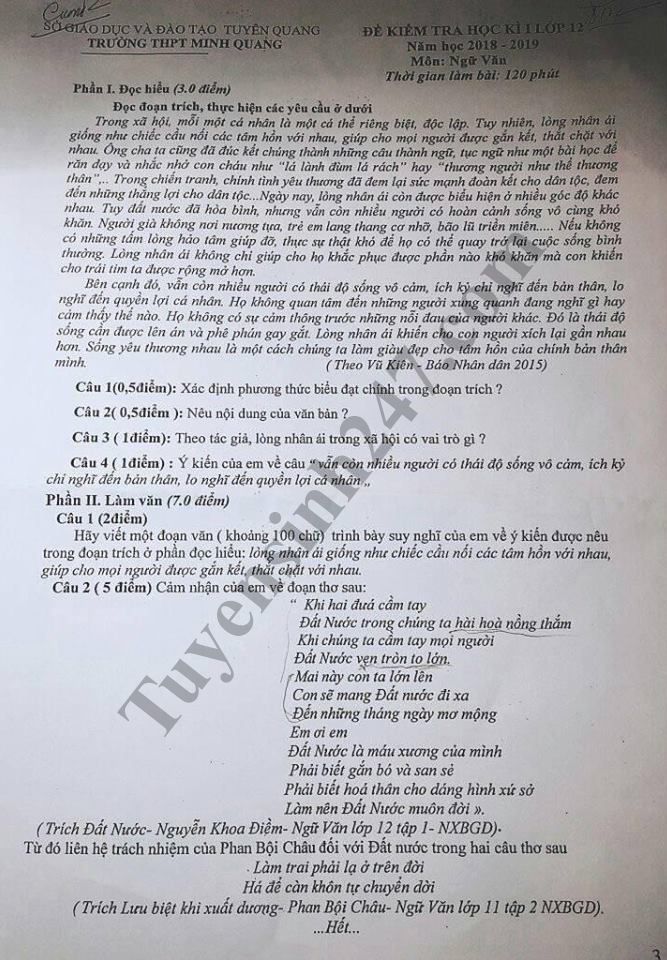 De thi hoc ky 1 lop 12 mon Van - THPT Minh Quang nam 2018