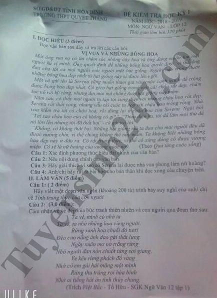 De thi hoc ky 1 lop 12 mon Van - THPT Quyet Thang nam 2018