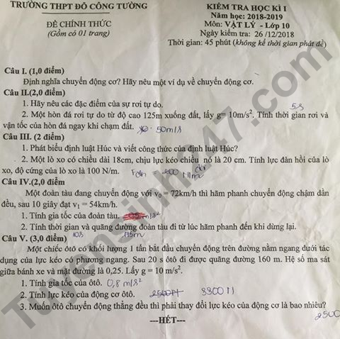 De thi ki 1 lop 10 mon Ly 2018 - THPT Do Cong Tuong