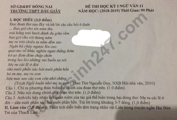De thi ki 1 lop 11 mon Van THPT Dau Giay 2018