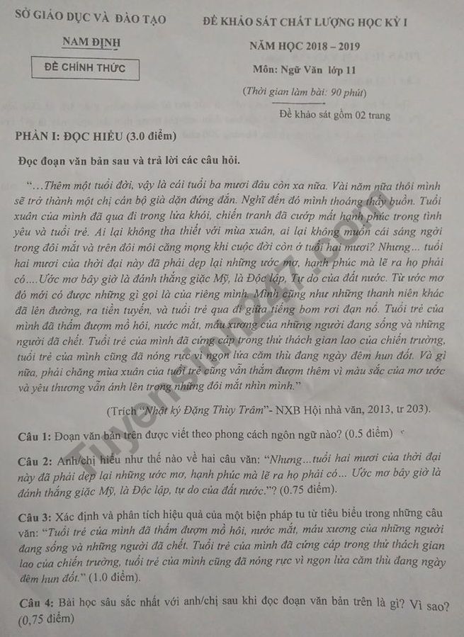 De thi ki 1 lop 11 mon Van So GD Nam Dinh 2018