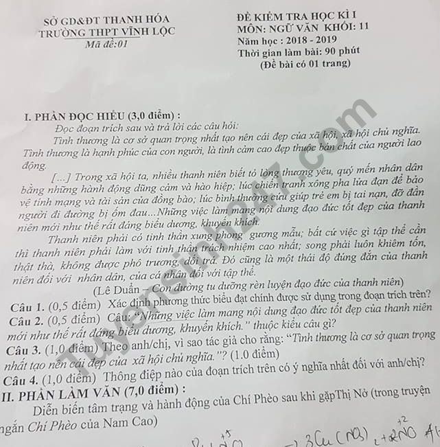 De thi ki 1 lop 11 mon Van THPT Vinh Loc 2018