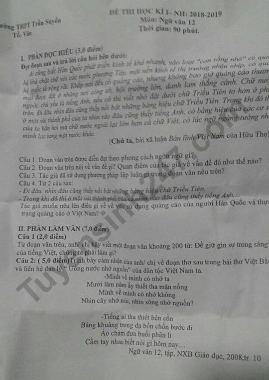De thi ki 1 lop 12 mon Van THPT Tran Suyen 2018