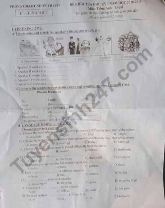 De thi ki 1 lop 8 mon Anh 2018 - Nhon Trach