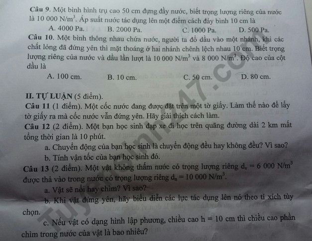 De thi ki 1 lop 8 mon Ly huyen Lang Giang 2018
