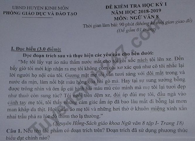 De thi ki 1 lop 8 mon Van 2018 - Kinh Mon