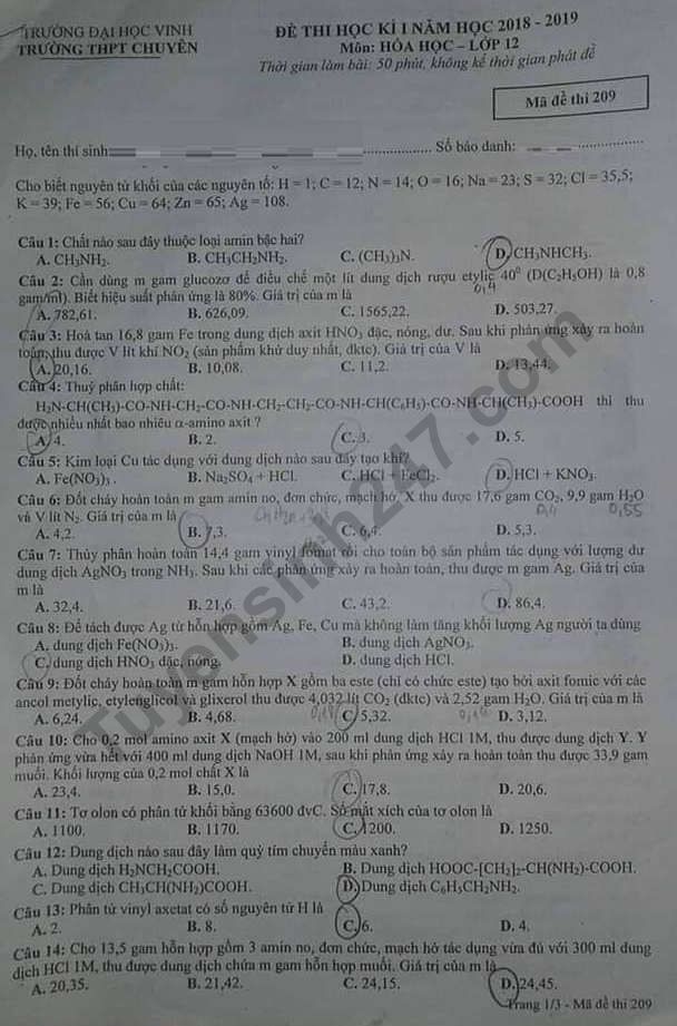 De thi ki 1 lop 12 mon Hoa 2018 - THPT Chuyen DH Vinh