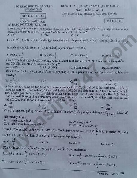De thi ki 1 lop 11 mon Toan 2018 - So GD Quang Nam