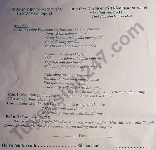 De thi ki 1 lop 11 mon Van THPT Tong Duy Tan 2018