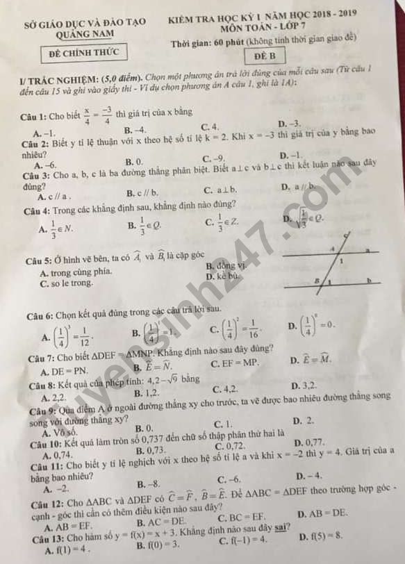 De thi ki 1 lop 7 mon Toan So GD Quang Nam 2018