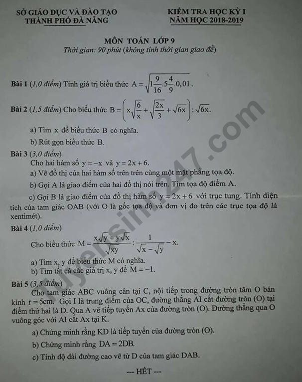 De thi ki 1 lop 9 mon Toan 2018 - So GD Da Nang