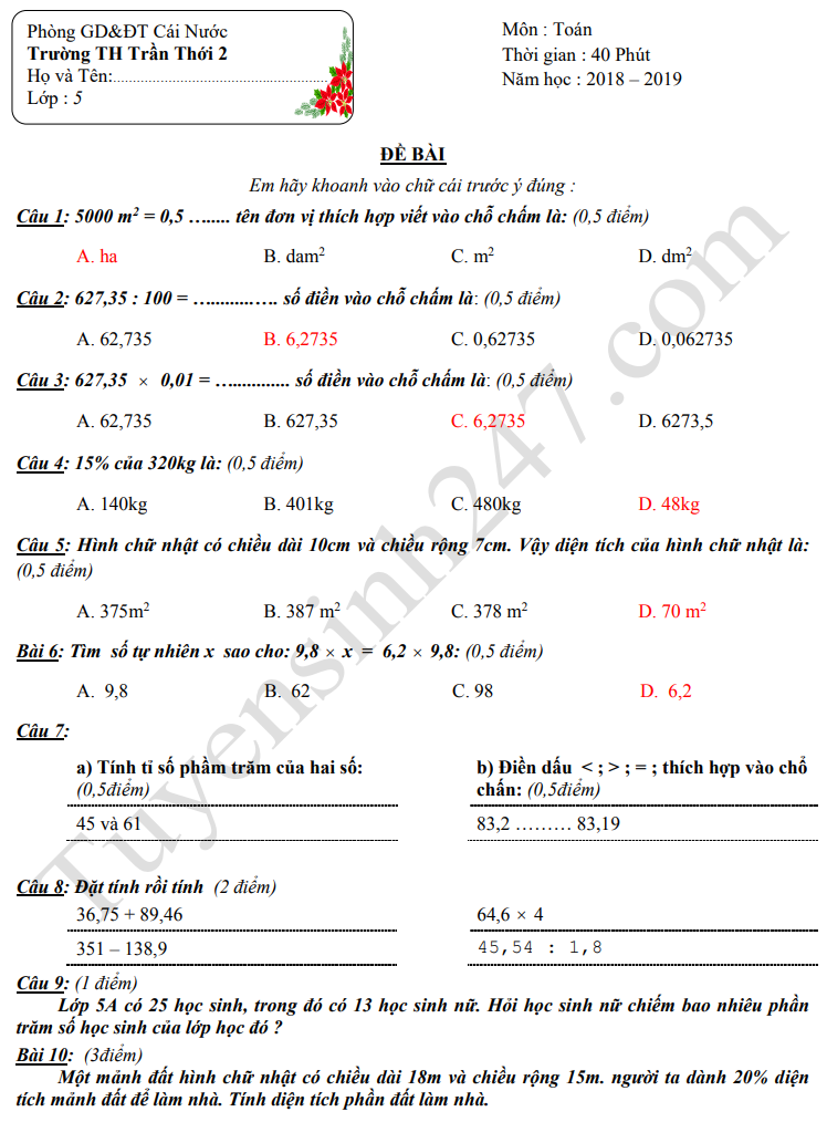 De thi ki 1 lop 5 mon Toan 2018 - TH Tran Thoi 2