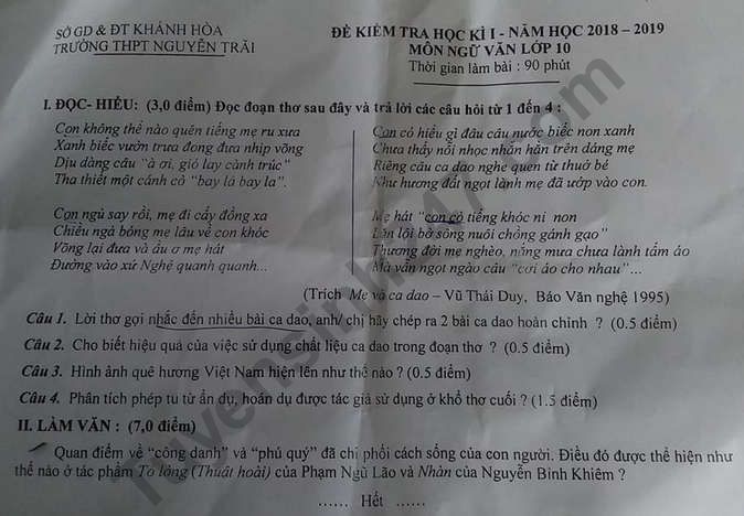 De thi ki 1 lop 10 mon Van THPT Nguyen Trai 2018