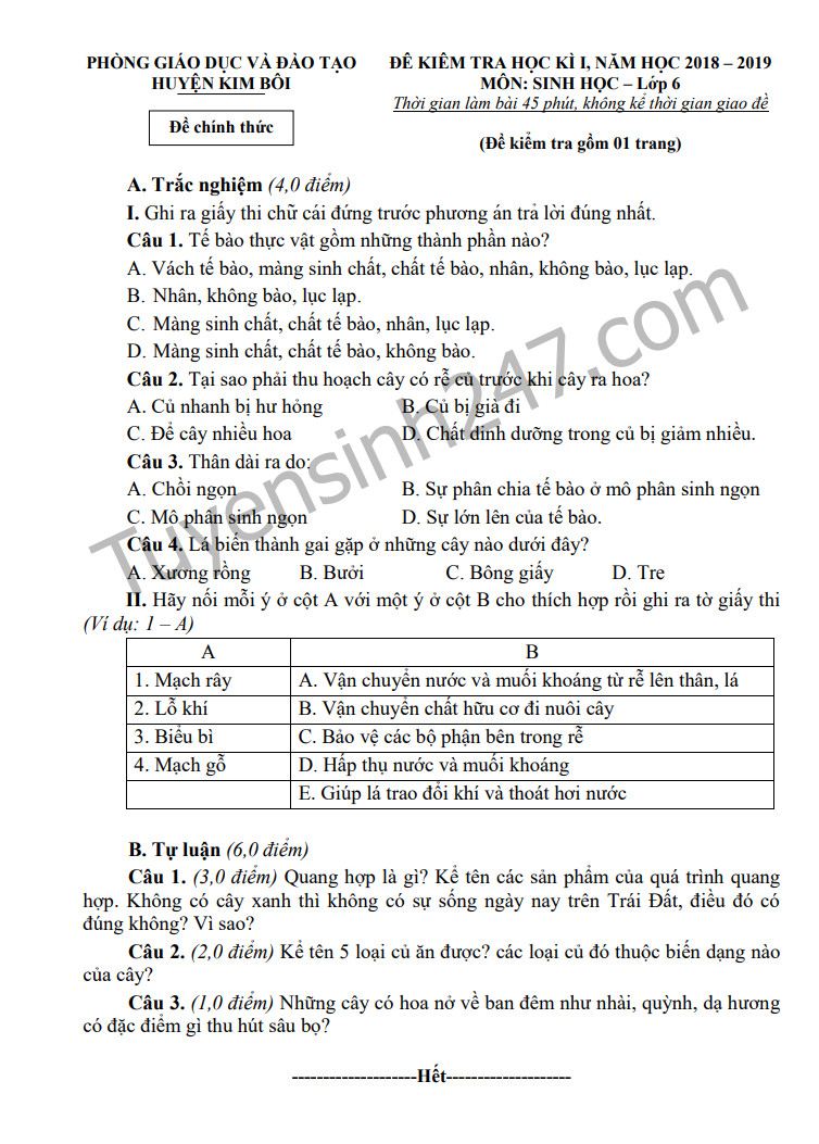 De kiem tra hoc ki 1 mon sinh lop 6 nam 2018 Huyen Kim Boi