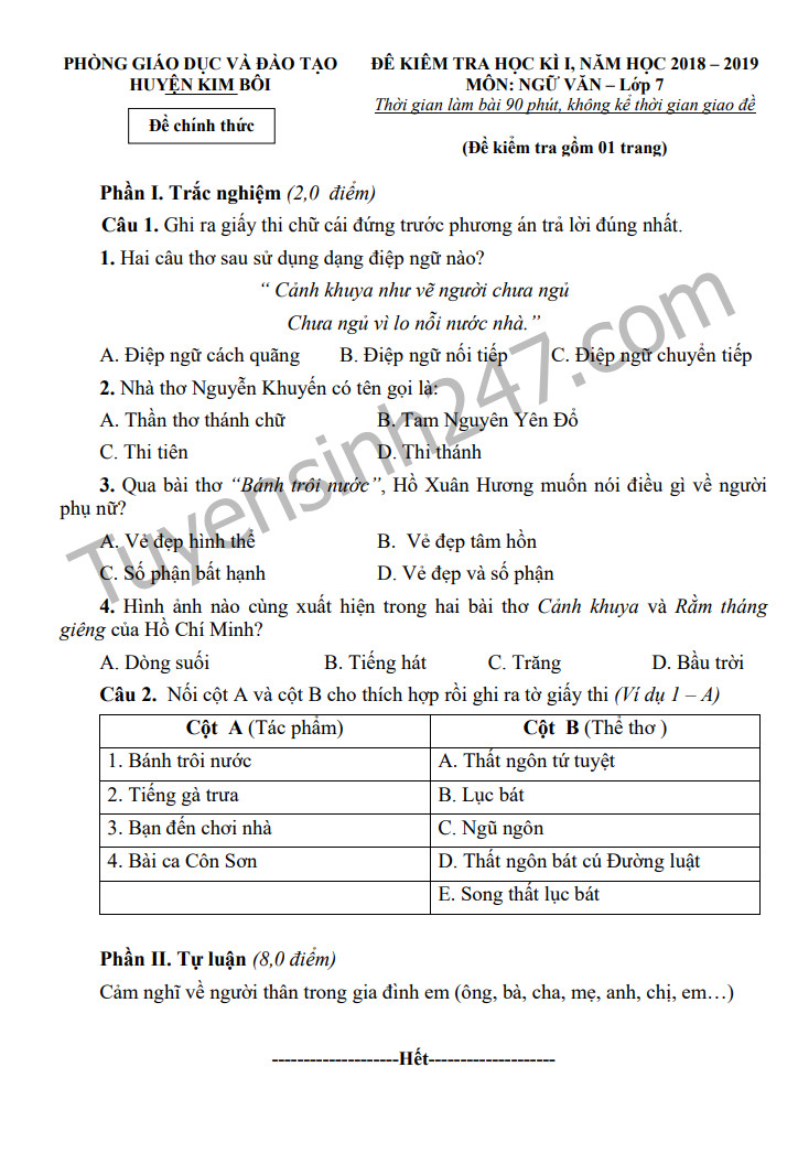 De kiem tra hoc ki 1 lop 7 mon Van nam 2018 huyen Kim Boi