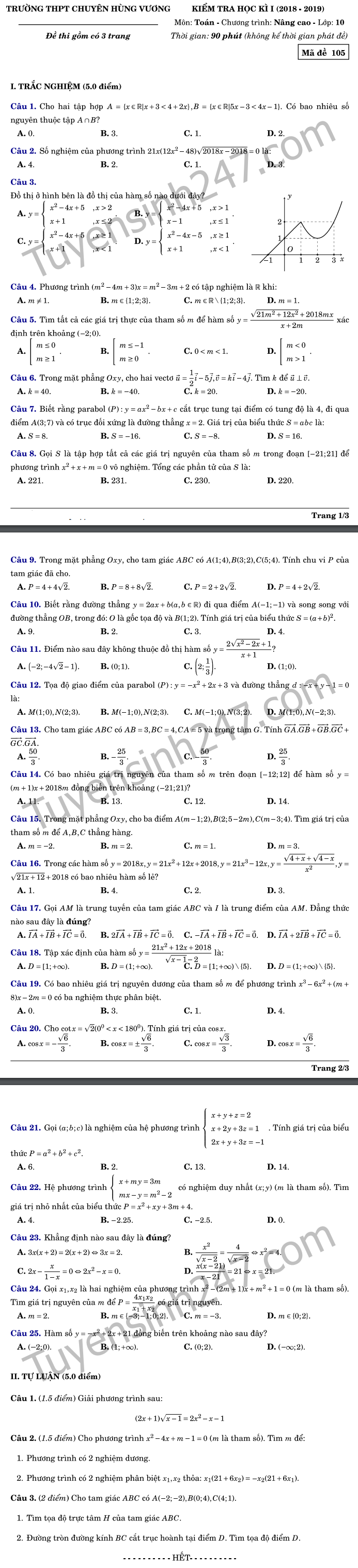 De thi ki 1 lop 10 mon Toan THPT Chuyen Hung Vuong 2018