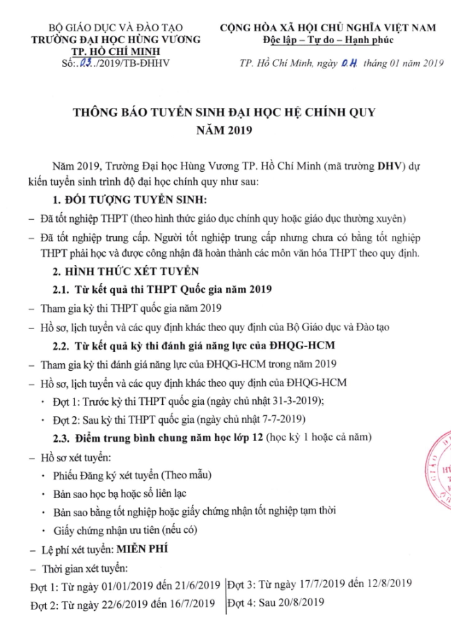 Dai hoc Hung Vuong TPHCM tuyen sinh nam 2019