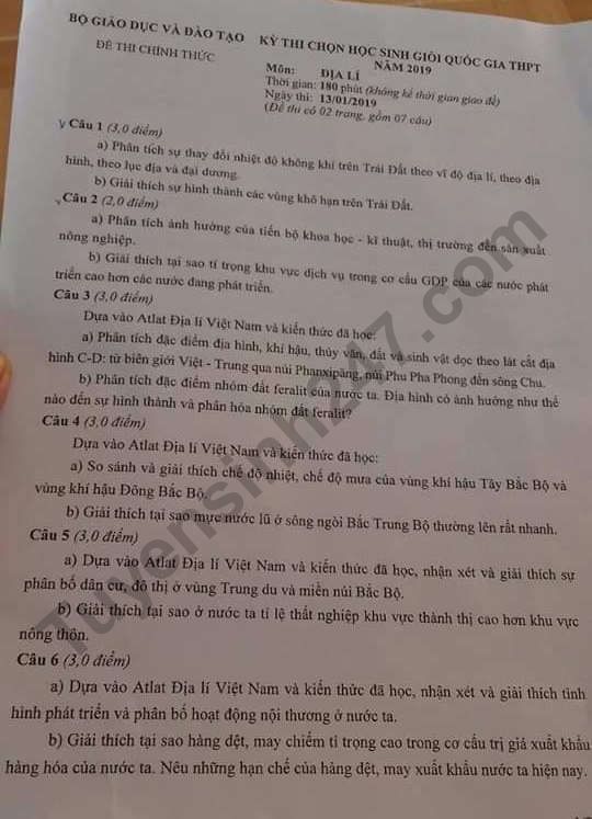De thi chon hoc sinh gioi Quoc gia THPT mon Dia 2019