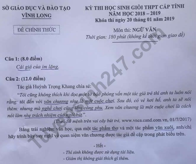 De thi chon hoc sinh gioi mon Van THPT 2019 cap tinh So Vinh Long