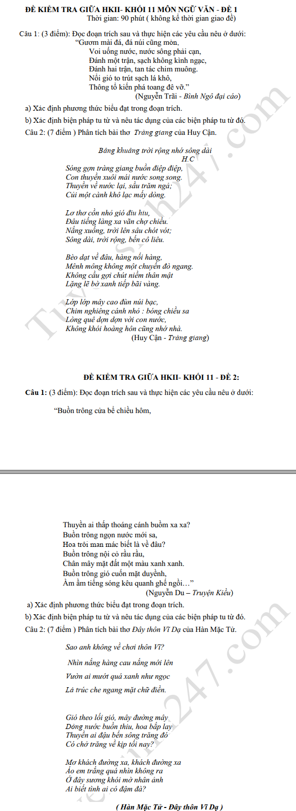 De thi giua hoc ki 2 lop 11 mon Van - Co dap an