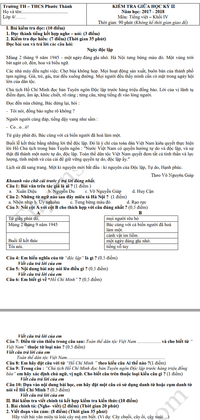 De thi giua ki 2 mon Tieng Viet lop 4 - TH Phuoc Thanh