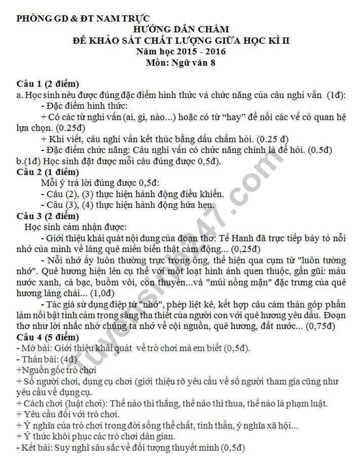 De hoc ki 2 mon Van lop 8- THCS Nam Truc