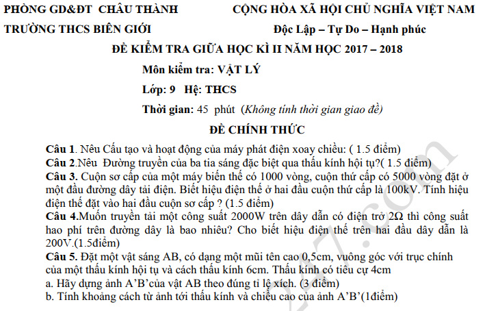 De thi giua ki 2 lop 9 mon Ly 2018 - THCS Bien Gioi