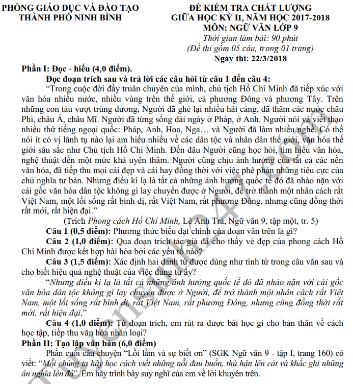 De thi giua ki 2 mon Van lop 9 TP Ninh Binh - Co dap an