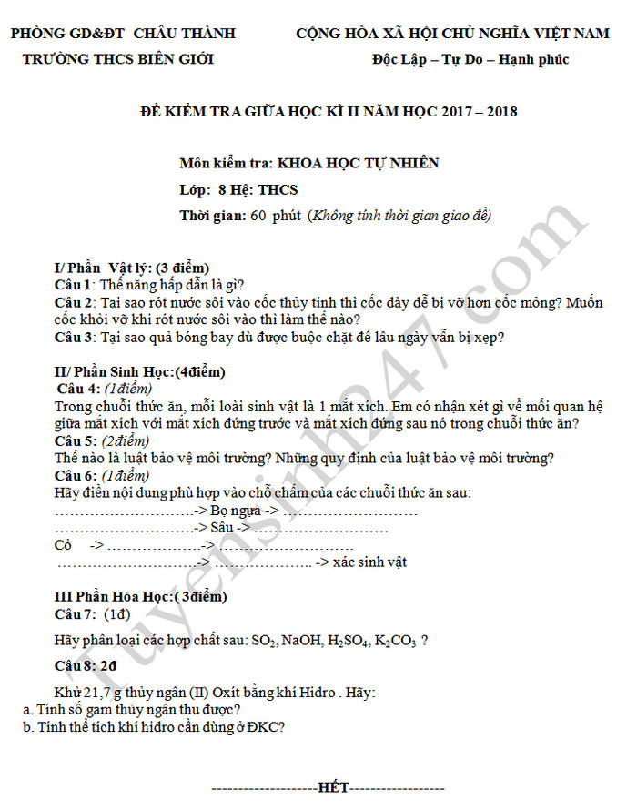 De kiem tra giua ki 2 mon Hoa lop 8 -THCS Bien Gioi