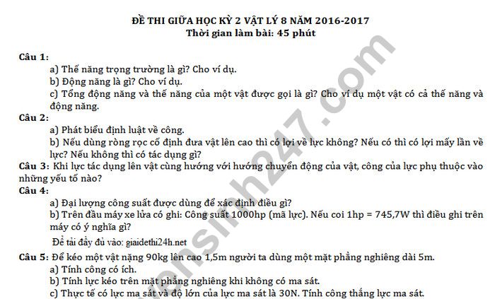 De kiem tra giua ki 2 mon Li lop 8 -co dap an