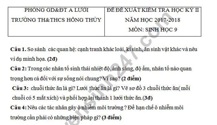 De kiem tra giua ki 2  mon Sinh lop 9 truong THCS Hong Thuy