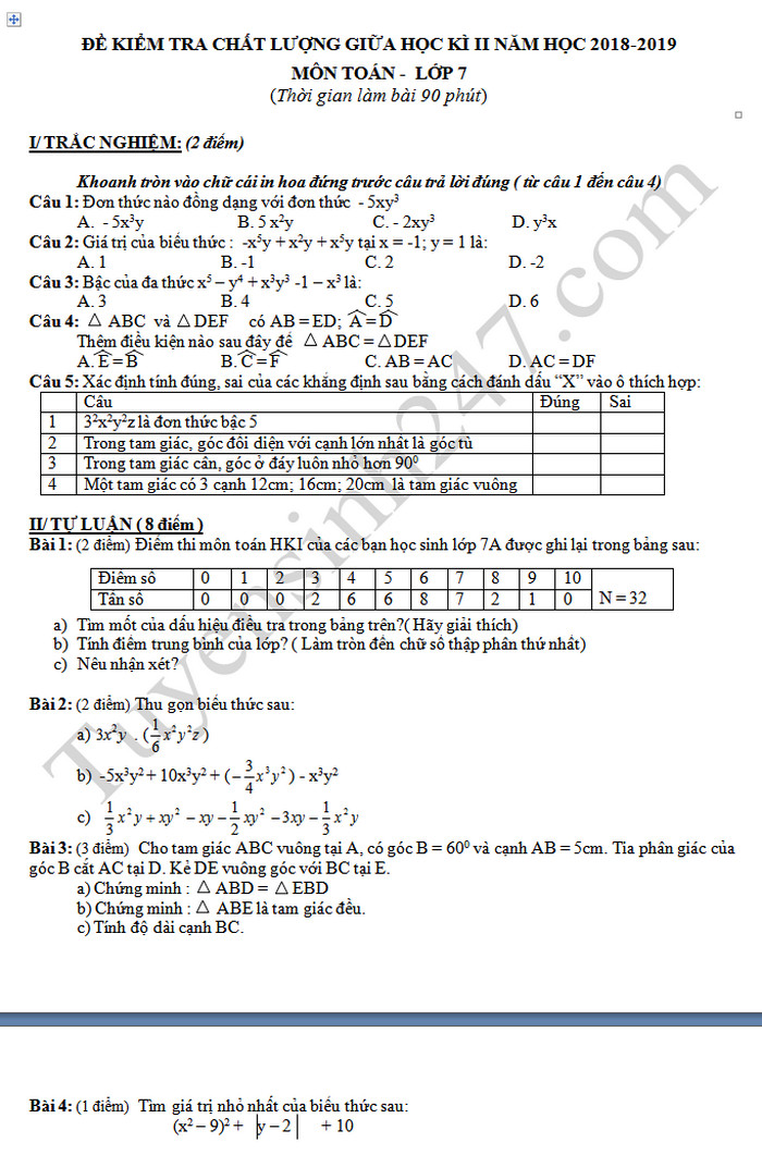 De thi giua hoc ki 2 mon Toan lop 7 nam 2018-2019