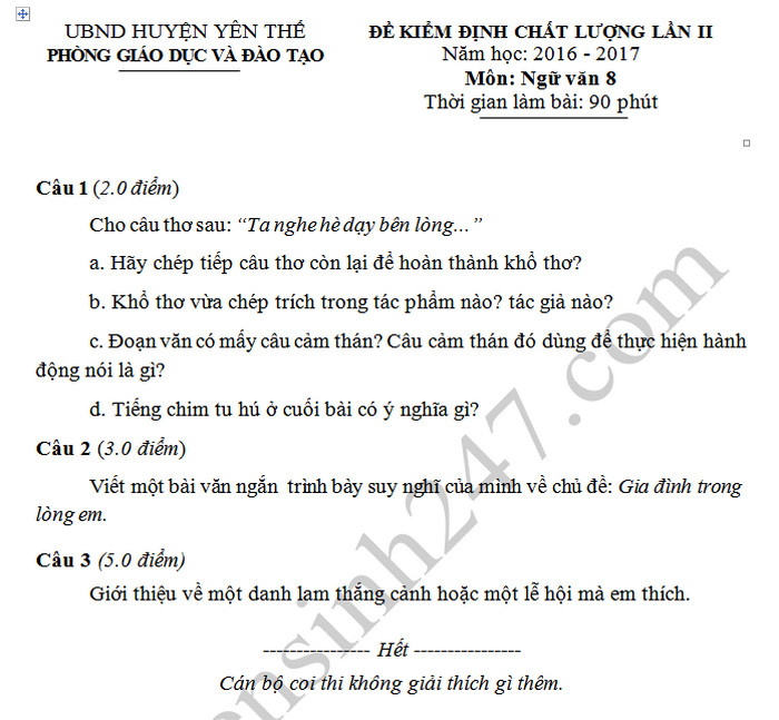 De kiem tra giua ki 2 mon Van lop 8 - Huyen Yen The
