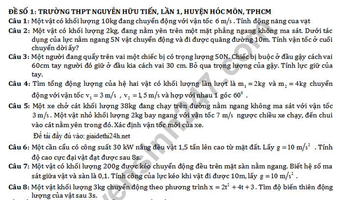 De thi giua ki 2 lop 10 mon Ly - THPT Nguyen Huu Tien