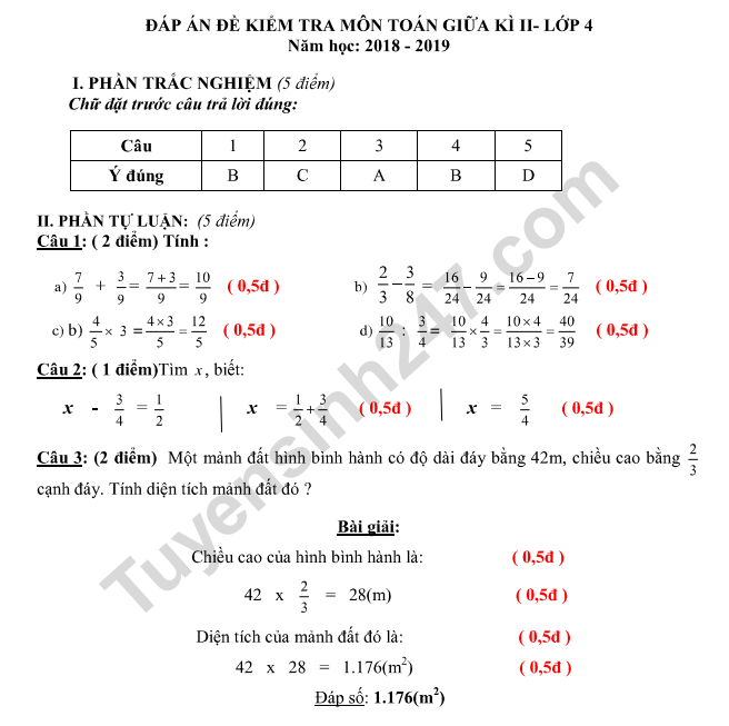 De thi giua ki 2 lop 4 mon Toan 2019 - TH To Thi Huynh